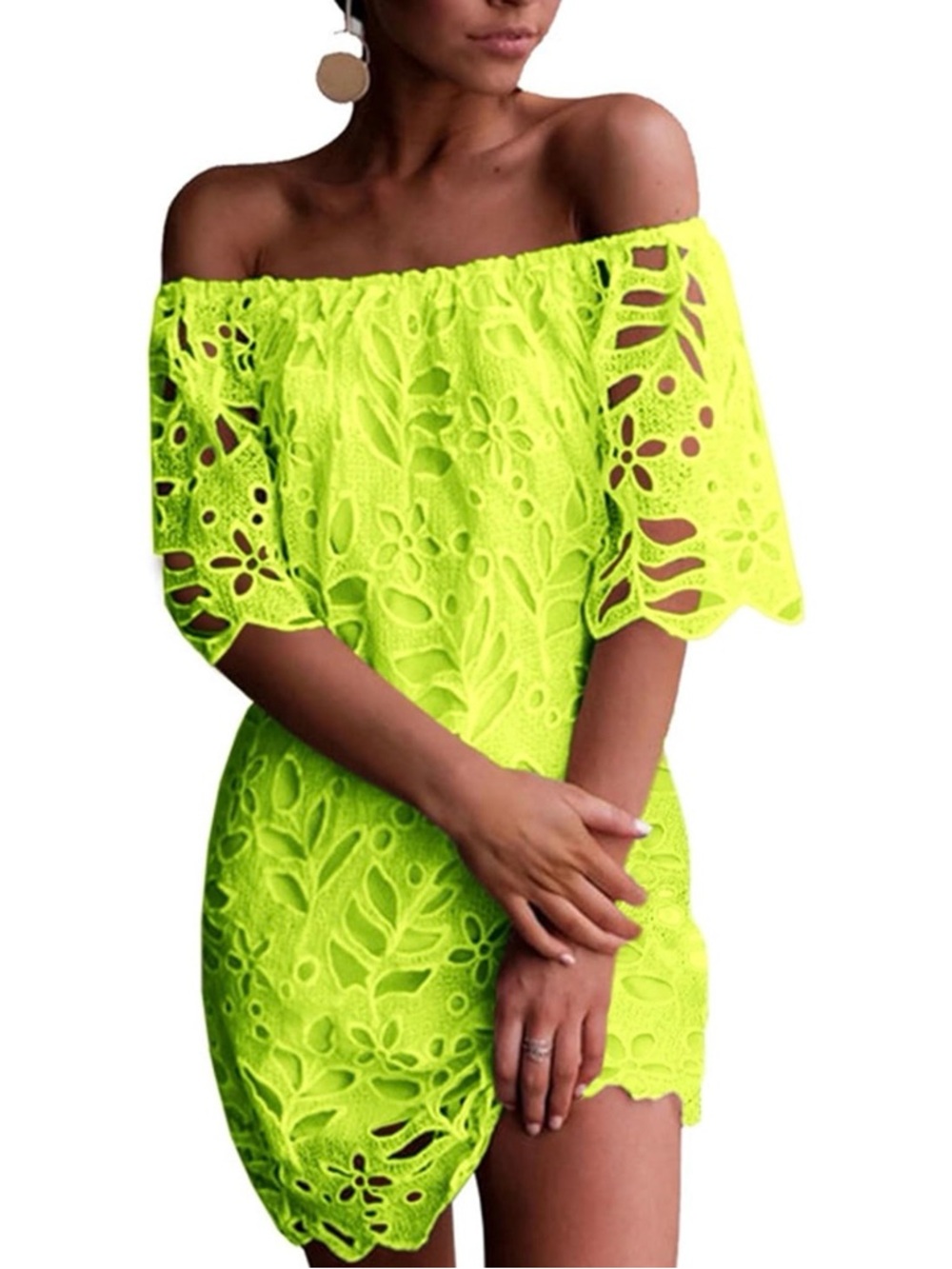 PRETTYGARDEN Neon Lime Off Shoulder Lace Eyelet Mini Dress XL Summer Vacation